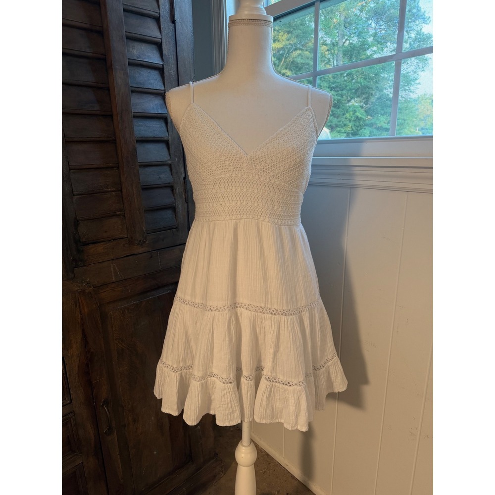 American Eagle White Crochet Knit Strappy Dress Sz M Cottagecore Summer